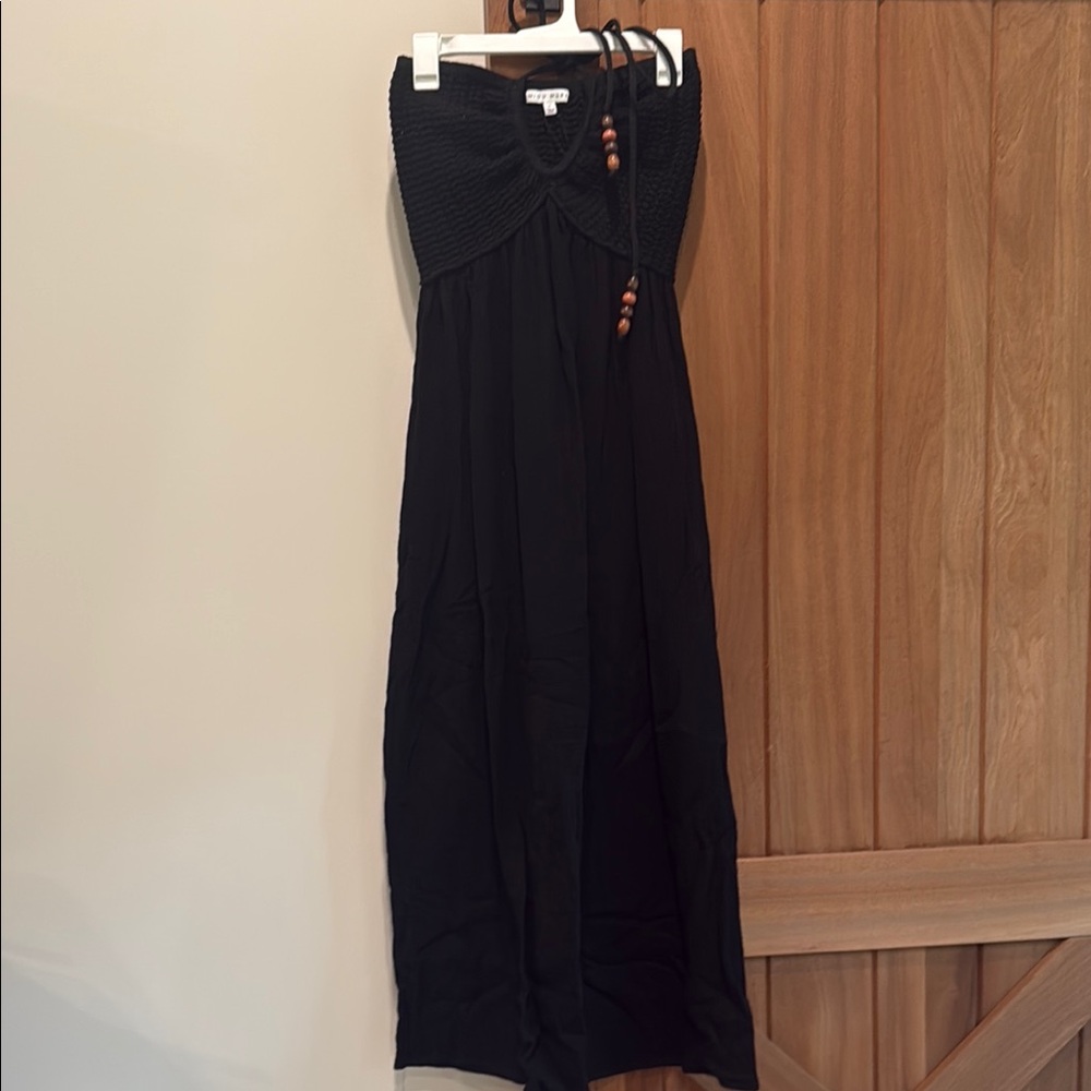 Black Halter Maxi Dress with crochet top and linen bottom with pockets